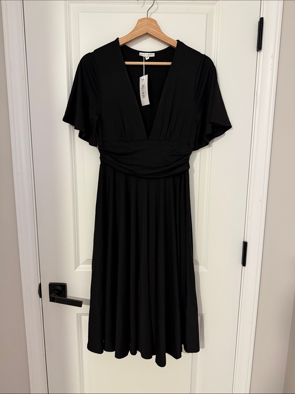 NWT Baltic Born Black V-Neck Midi Dress with Flutter Sleeves